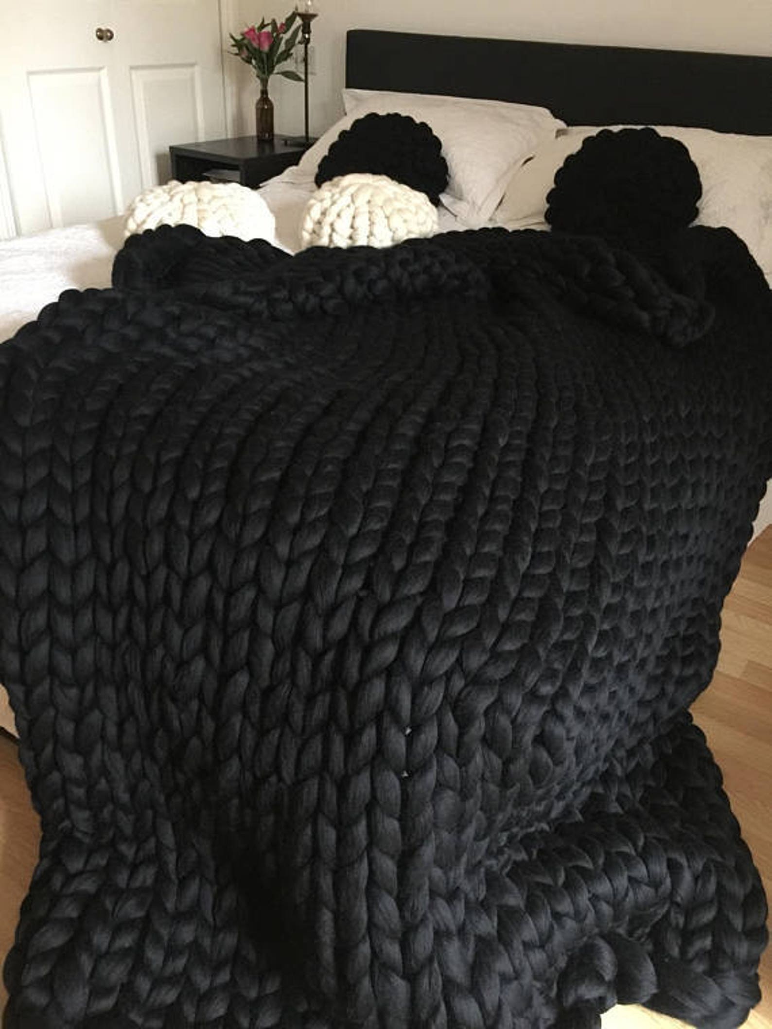 Black Chunky knit blanket Christmas Wool throw Chunky Etsy