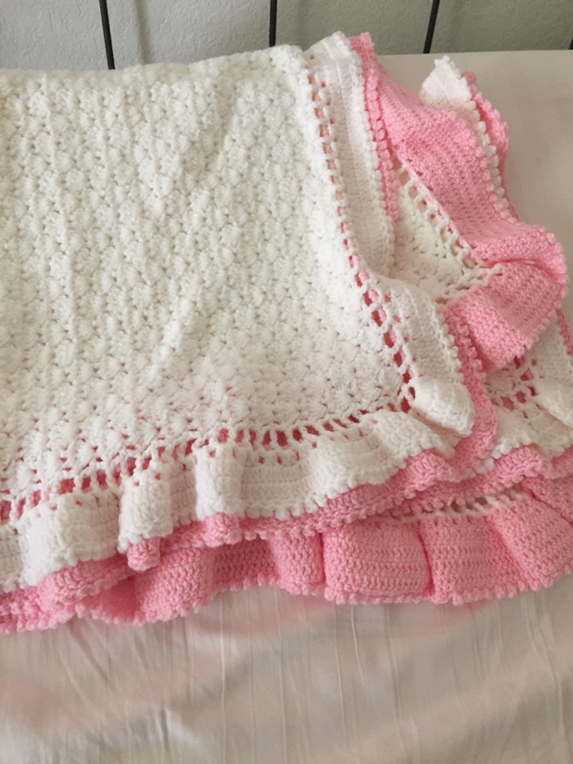 Handmade double ruffle crocheted baby blanket in pink Etsy