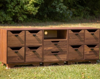 Vinyl Record Storage Cabinet with 10 drawers hand-built from solid walnut hardwood. LP Storage, Turntable Stand