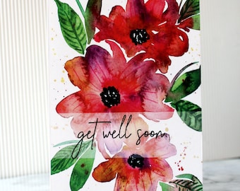 Genesungskarte mit roten aquarell Blumen inklusive Umschlag - get well soon