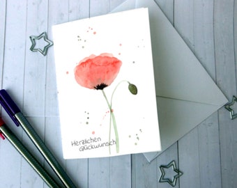 Geburtstagskarte mit aquarell Mohnblume inklusive Umschlag - Herzlichen Glückwunsch
