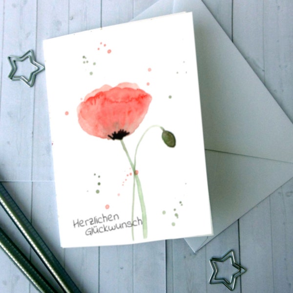 Birthday card with watercolor poppy including envelope - Herzlichen Glückwunsch