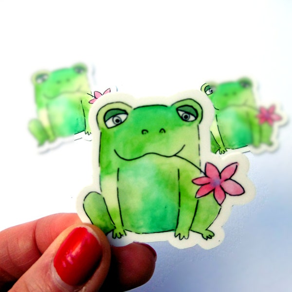 cute watercolor frog vinyl sticker, die cut