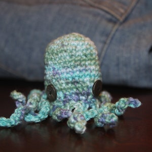 May include: A crocheted octopus with blue, green, and purple yarn. The octopus has two black buttons for eyes.