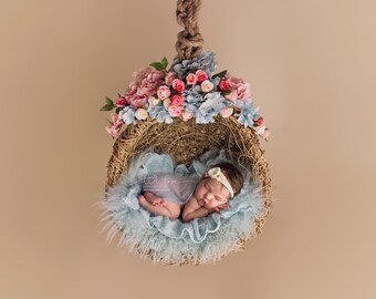 Little Pose ~ Hanging Vine Basket Blue Flowers Newborn Digital Background High Res jpg file