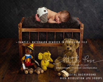 Digital Background Backdrop Newborn Photography Unique - Bear Elephant Pinnochio Wooden Puppet Bed - High Resolution JPG file