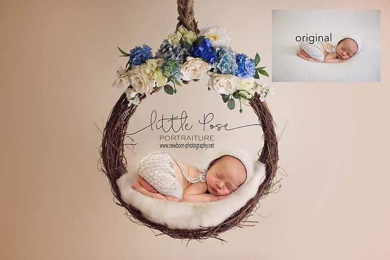 Kleine Pose hängende Rebe Korb blau Neugeborenen digitaler Hintergrund High Res Jpg-Datei Bild 1