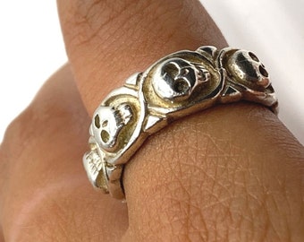 Unisex Sterling Silver Skull Eternity Ring. Handmade Organic Skull Ring. Unique Soul Statement birthday gift. Bikers mens Halloween jewelry