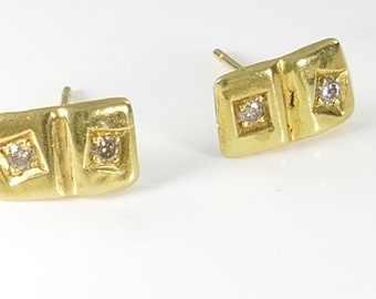 Rectangle 18k Gold Diamond Stud Earrings. Yellow Solid Gold Diamond Earrings. Small square Geometric Diamond Studs. Mothers day gifts trendy