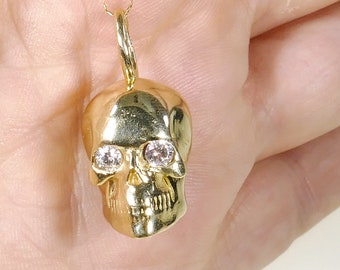 14k Yellow Gold Skull Pendant Necklace: Diamond Eyes, Unisex Charm