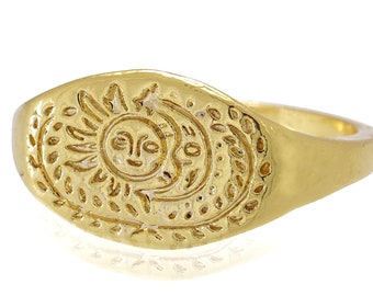 14k guld sol- och månesignetring, handgjorda himmelska smycken