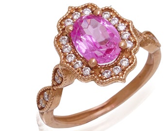 Rosa topasring i 14 karat roséguld: Viktoriansk kubisk zirkonhalo