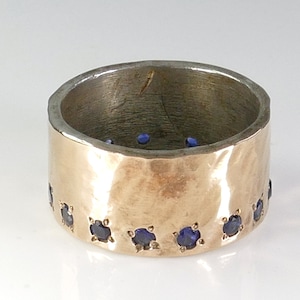 Wide band ring size 7 1/4 Blue Iolite, 9k rose gold & Sterling silver cigar band ring w stars. Chunky large rustic hammered xmas gift