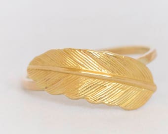 14k Solid Gold Feather Ring, Handmade Unisex Jewelry