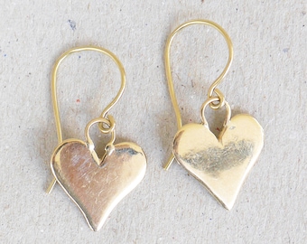 14k Gold Heart Dangle Earrings, Handmade Romantic Gift