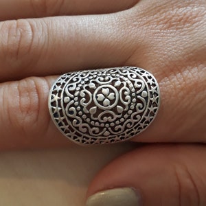 Unisex Sterling Silver Cuff Ring, Unique Statement Silver Wrap Ring, Handmade Boho Ring, Bohemian Silver Carved Ring from Israel