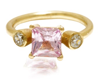 14k guld fyrkantig morganitring med labbodlade diamanter