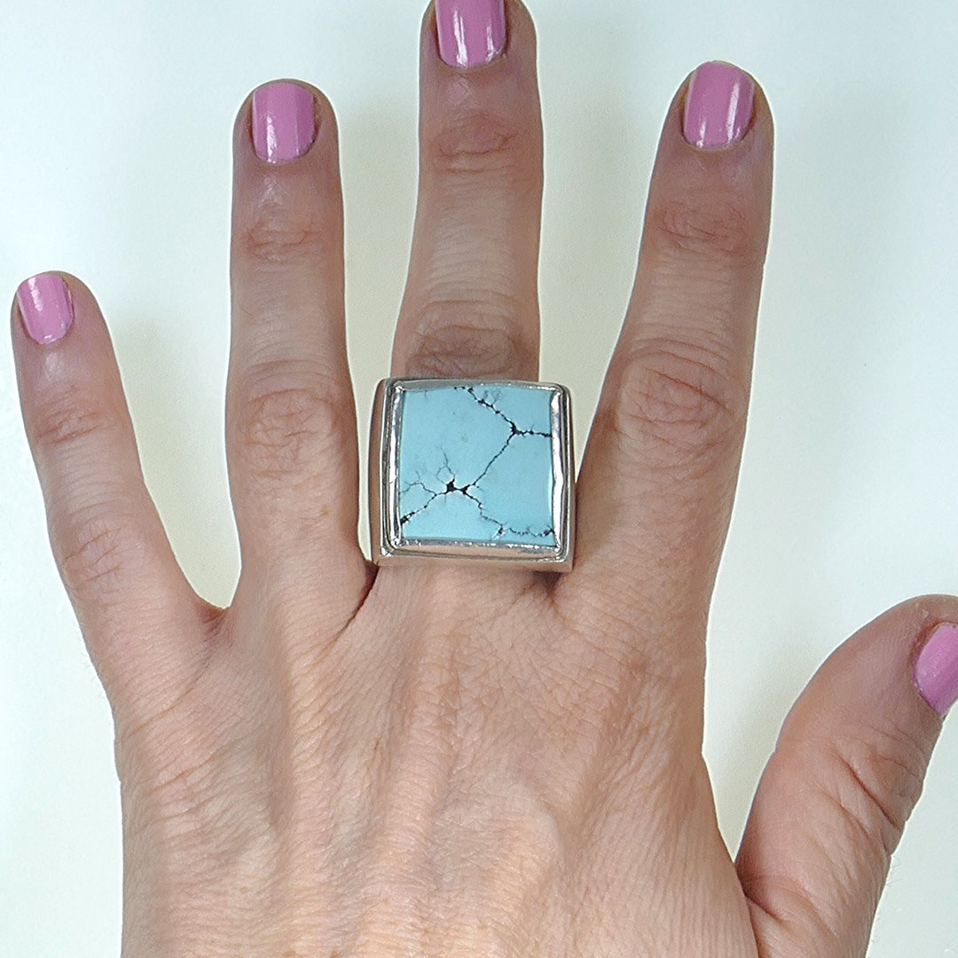 Square Turquoise Ring Sterling Silver. Chunky Unisex Extra Large