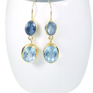 Handmade 14k Gold Blue Topaz Dangle Earrings oval gemstones. Long aqua drop earrings. December birthstone birthday gift for women blue eyes
