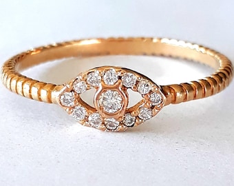 14k Rose Gold Diamond Evil Eye Ring, Twisted Band