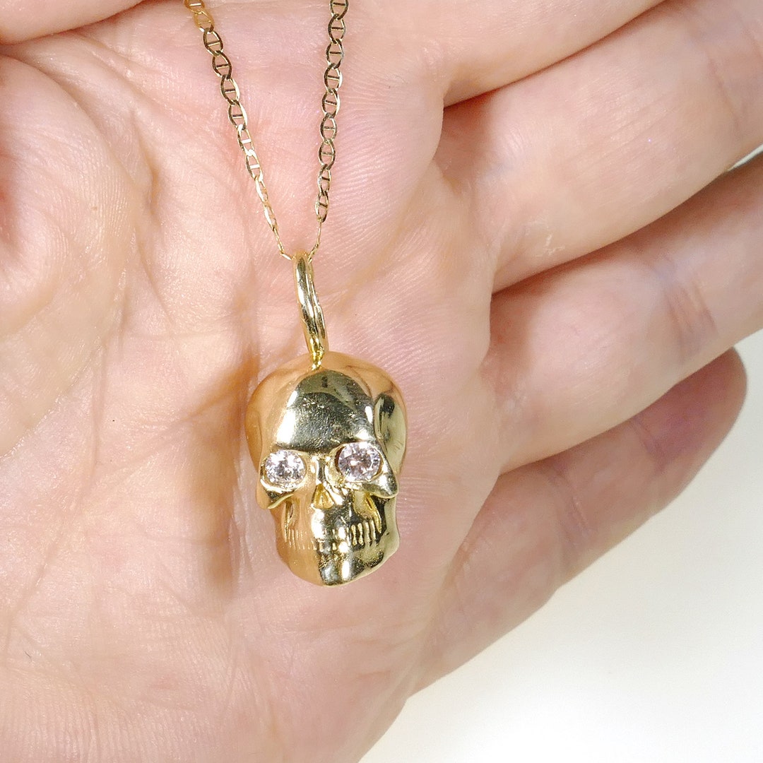 14k Gold Skull Charm Pendant Statement Necklace With Diamond Eyes. Yellow 14k Gold Good Luck