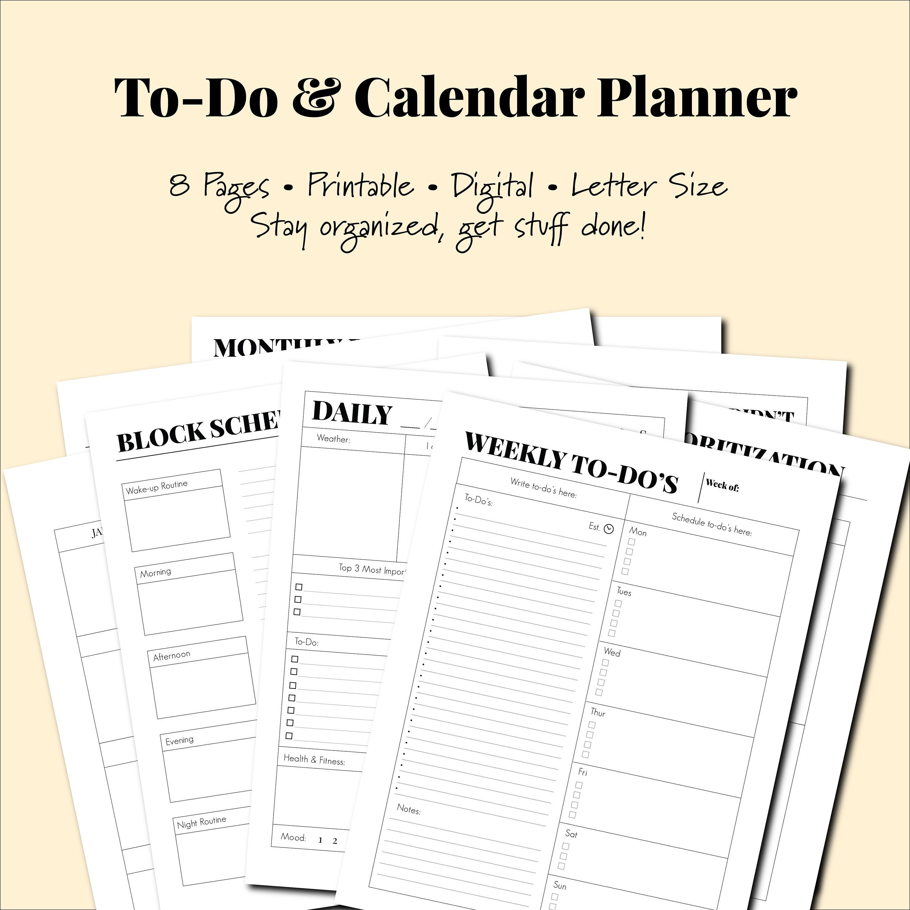 Digital Printable Planner Calendar To do List and Organizer