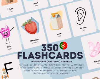 Portugees (Portugal) - Engelse Flashcards | Afdrukbare leerkaarten | Dieren Kleuren Cijfers Alfabet | Educatieve kaarten voor thuisonderwijs