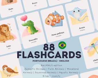 Portugees (Brazilië) Engelse dieren-flashcards – kaarten voor thuisonderwijs (digitale download)