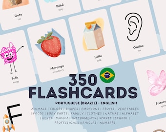Portugees (Brazilië) - Engelse Flashcards | Afdrukbare leerkaarten | Dieren Kleuren Cijfers Alfabet | Educatieve kaarten voor thuisonderwijs
