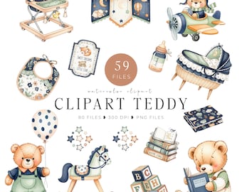 Watercolor Teddy Bear PNG bundle, Preppy Navy Nursery Clip Art, Baby Bear, Commercial Use