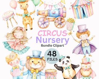 Zirkus Kinderzimmer Clipart PNG Bundle, 48 Aquarell Zirkustiere, Pastell Geburtstag Clipart, Baby Dusche digitaler Download