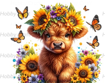 Diseño de girasol de vaca de las Tierras Altas, clipart PNG de alta resolución, descarga digital instantánea, regalo artístico