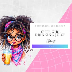 Fröhliche junge Mädchen mit Locken und Glas Getränk - lustige Cartoon Clipart zum sofortigen Download und Sublimationsdesign