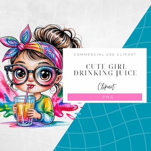 Verspieltes junges Mädchen mit Getränk - wunderliche Clipart zum sofortigen Download und Sublimationsdesign