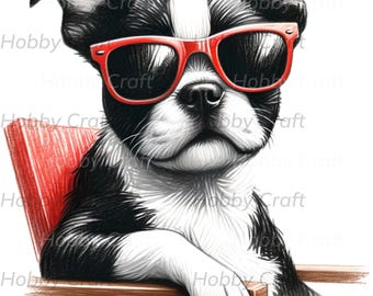 Clipart Boston Terrier Art Print / Perro de dibujos animados con gafas de sol Descarga digital