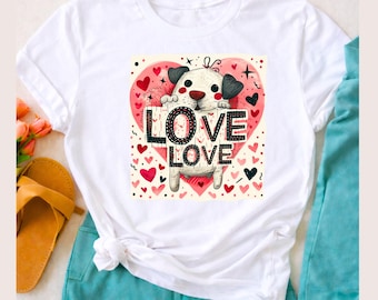 Entzückende Cartoon Hund Clipart, Herzen und LOVE Text für Sublimation, Sofort Download Design, Geschenk für Hundeliebhaber