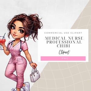 Confident Young Woman in Pink Jumpsuit with Stethoscope and Drink - Trendy Cartoon Character Clipart for Instant Download