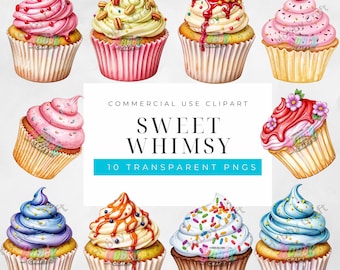 Colección de imágenes prediseñadas de cupcakes vibrantes: 10 diseños ilustrados únicos para descarga instantánea y proyectos de sublimación.