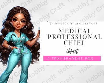 Descarga digital de enfermeras Chibi y manualidades y pegatinas de acuarela para profesionales médicos