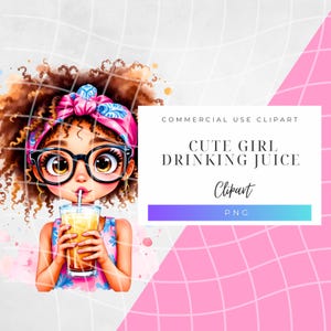 Fröhliches junges Mädchen mit lockigem Haar und Blumenstirnband schlürft einen erfrischenden Drink - Verspielte Cartoon Clipart zum sofortigen Download