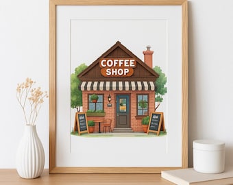Conjunto de imágenes prediseñadas de cafetería acogedora con descarga digital: ilustraciones de acuarela de escaparates de cafeterías.