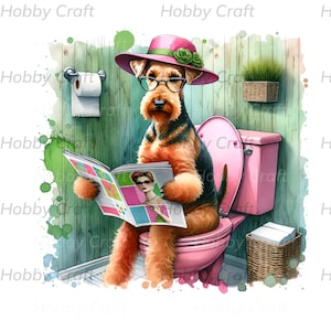 Dibujo animado caprichoso de Airedale Terrier en un inodoro rosa, imágenes prediseñadas divertidas para proyectos de diseño de sublimación y descarga instantánea