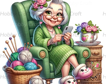 Chibi Clipart Stricken Oma, digitale Kunst Digital Download Sublimation Design