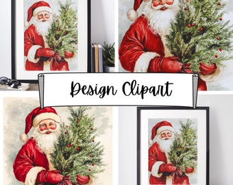 Descarga digital de imágenes prediseñadas de Papá Noel con pegatina de acuarela