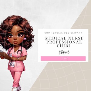 Chibi African American Nurse Clipart Pink Scrubs PNG Digital Download