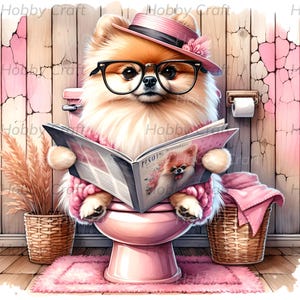 Wunderlicher Pommern auf rosa Toilette - niedliche Clipart für lustige Projekte und Sublimationsdesigns mit stilvollem Hund