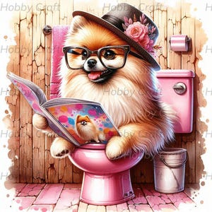 Wunderlicher Spitz Hund mit Brille auf rosa Toilette - lustige Clipart zum sofortigen Download und Sublimationsdesign