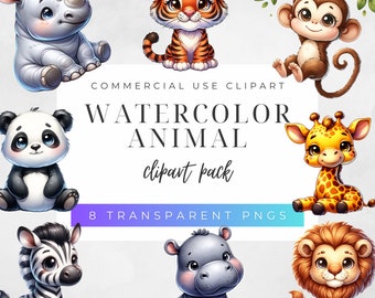 Paquete de imágenes prediseñadas de animales para niños / Descarga digital: ilustraciones de acuarela y mascotas para manualidades y pegatinas