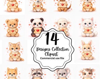 Valentinstag Clipart Bundle PNG | 14 Cartoon Tiere Clipart | Herz Karten Clipart | Liebe digitaler Download