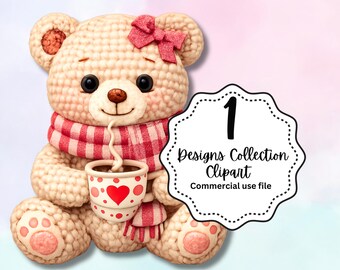 Clipart de osito de ganchillo / Taza de San Valentín, hilo sintético (descarga digital)